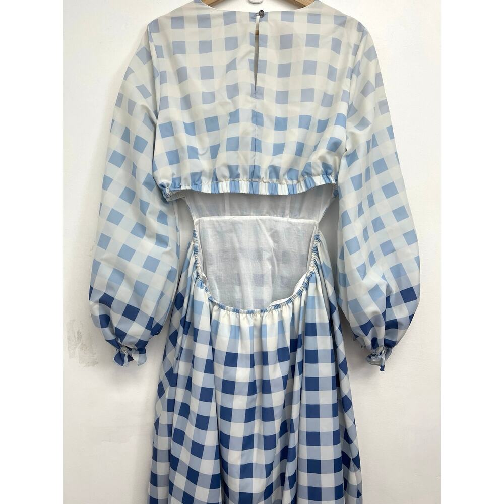 NWT Staud Blanche Midi Dress Blue Ombre Gingham Cut Out Open Back - Large - Picture 7 of 16